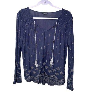 Lucky Brand navy blue peasant blouse with a diamond print and tassel ties Size L